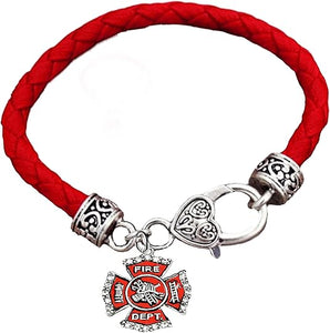 Firefighter, On A Red Woven Leather Hypoallergenic Bracelet, Nickel, Lead, And Poisonous Cadmium Free