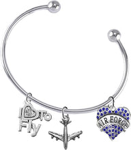 Air Force " I Love To Fly " Genuine Crystal, Licensed Air Force Charm, And Jet Plane, Adjustable, Removable Ball Bracelet, Add Charms Without Tools, Hypoallergenic, Safe-Nickel, Lead, Cadmium Free