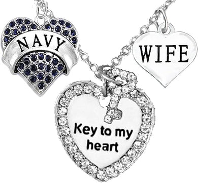 Navy Wife, Key to My Heart, Wife Heart Charm Necklace, Hypoallergenic, Safe-Nickel, Lead, Free