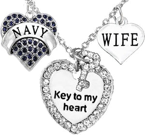 Navy Wife, Key to My Heart, Wife Heart Charm Necklace, Hypoallergenic, Safe-Nickel, Lead, Free