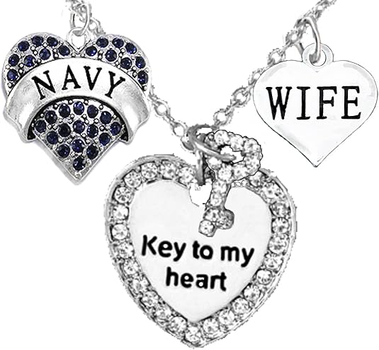 Navy Wife, Key to My Heart, Wife Heart Charm Necklace, Hypoallergenic, Safe-Nickel, Lead, Free