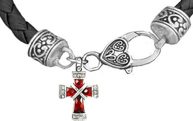 Red Genuine Crystal Cross, On A Genuine Black Leather Bracelet, Hypoallergenic, Safe-No Nickel, Lead, Or Poisonous Cadmium in Bracelet