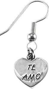 Te Amo, I Love You, On A Sterling Silver Solid .925 Sterling, Not Plated Or Coated. Fishhoook Earring, Charm-Nickel, Lead, Cadmium Free2015