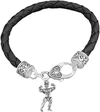 Weightlifters Front Double Biceps Pose, Black Woven Leather Bracelet, Hypoallergenic - Nickel, Lead, And Poisonous Cadmium Free