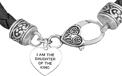 I Am The Daugther Of The King Heart Genuine Black Leather Bracelet, Safe-Nickel, Lead & Cadmium Free!