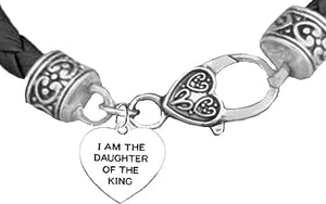 I Am The Daugther Of The King Heart Genuine Black Leather Bracelet, Safe-Nickel, Lead & Cadmium Free!