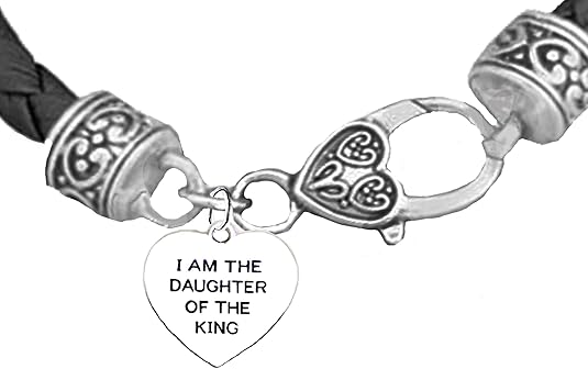 I Am The Daugther Of The King Heart Genuine Black Leather Bracelet, Safe-Nickel, Lead & Cadmium Free!