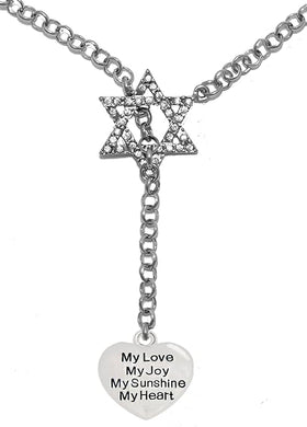 Jewish My Love, My Joy, My Sunshine, My Heart, On A Heart, Through A Crystal Star Of David, Necklace Hypoallergenic, Safe-Nickel, Lead, And Cadmium Free