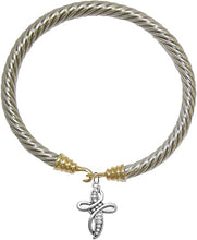 Christian Twisted Cable Siler-Toned Bracelet With Genuine Crystal Cross, Gold/Silver Cuff Bracelet, Hypoallergenic, Safe-Nickel, Lead, Cadmium Free