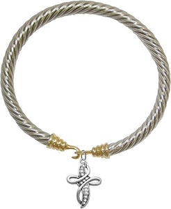 Christian Twisted Cable Siler-Toned Bracelet With Genuine Crystal Cross, Gold/Silver Cuff Bracelet, Hypoallergenic, Safe-Nickel, Lead, Cadmium Free