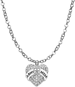 Army Mom, Adjustable 14-21 Inch Rolo Chain Crystal Heart Necklace, Nickel, Lead, and Cadmium Free-Hypoallergenic