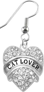 Cat Lover Crystal Heart Earrings,