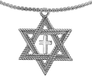 Messianic Christian Jewish Antique Silvertone Star Of David, Polished Silvertone Cross, Adjustable 18 To 21 Inch Box Chain Necklace, Hypoallergenic-Safe, No Nickel, Lead, Or Cadmium In The Metal