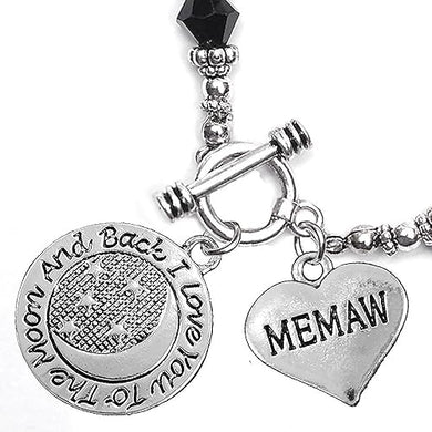 Memaw, I Love You to The Moon and Back Jet Crystal Charm Bracelet, Hypoallergenic, Safe, Nickel, Lead & Cadmium Free.