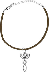 Messianic Seal of Jerusalem with Menorah, Star of David, Christian Fish (Ichthys) On A Adjustable Brown Suede Bracelet, Hypoallergenic, Safe-Nickel, Lead, Cadmium Free