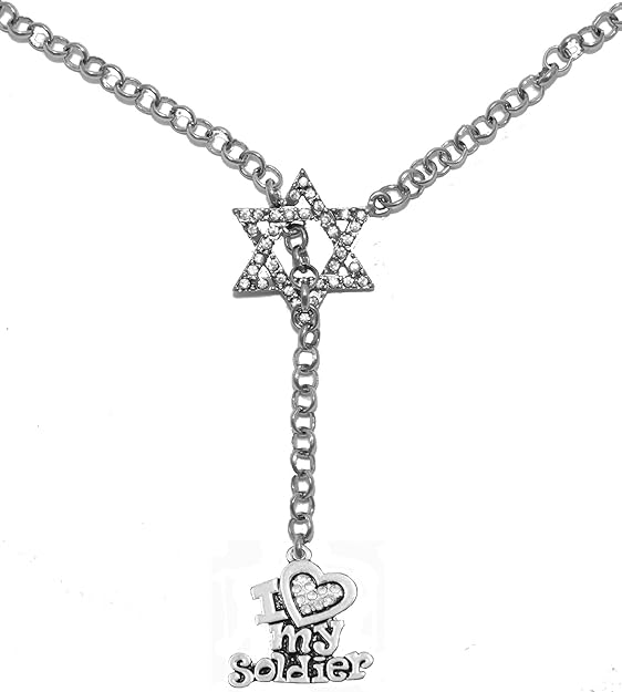Jewish Army, I Love My Soldier Crystal Heart, Through A Crystal Star Of David, Rolo Chain Necklace Hypoallergenic, Safe-Nickel, Lead, And Cadmium Free