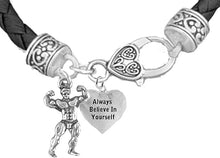 Weightlifters Front Double Bicep Pose, Always Believe In Yourself Heart, On A Black Woven Leather Bracelet, Hypoallergenic - Nickel, Lead, And Poisonous Cadmium Free