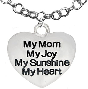 Message Jewelry, My Mom, My Joy, My Sunshine, My Heart, Adjustable Necklace, Hypoallergenic, Safe-Nickel, Lead, Free
