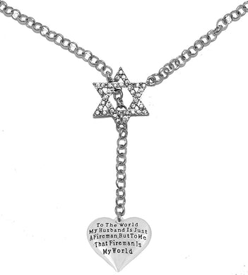 Jewish Firefighter, To The World My Husband Is Just A Fireman, But To Me That Fireman Is My World, Heart, Through A Crystal Star Of David, Necklace Hypoallergenic, Safe-Nickel, Lead, And Cadmium Free
