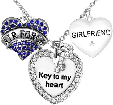 Air Force Girlfriend, Key to My Heart, Crystal Girlfriend Heart, Hypoallergenic, Safe-Nickel, Lead Free