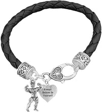 Weightlifters Front Double Bicep Pose, Always Believe In Yourself Heart, On A Black Woven Leather Bracelet, Hypoallergenic - Nickel, Lead, And Poisonous Cadmium Free