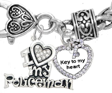 Policeman's, I Love My Policeman, Key to My Heart, Adjustable Hypoallergenic, Safe-Nickel, Lead, Free