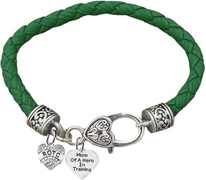 ROTC, Mom Of A Hero In Training,Genuine Army Green Leather Bracelet, Hypoallergenic Safe-Nickel, Lead And Cadmium Free