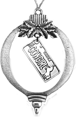 Cowgirl License Plate Christmas Ornament, Silvertone Finnish, with Tree Hanger, Western Cowgirl Ornament. What A Wonderful Gift for Yourself, Or Someone Special. Made in The USA by U.S. Veterans.©2024