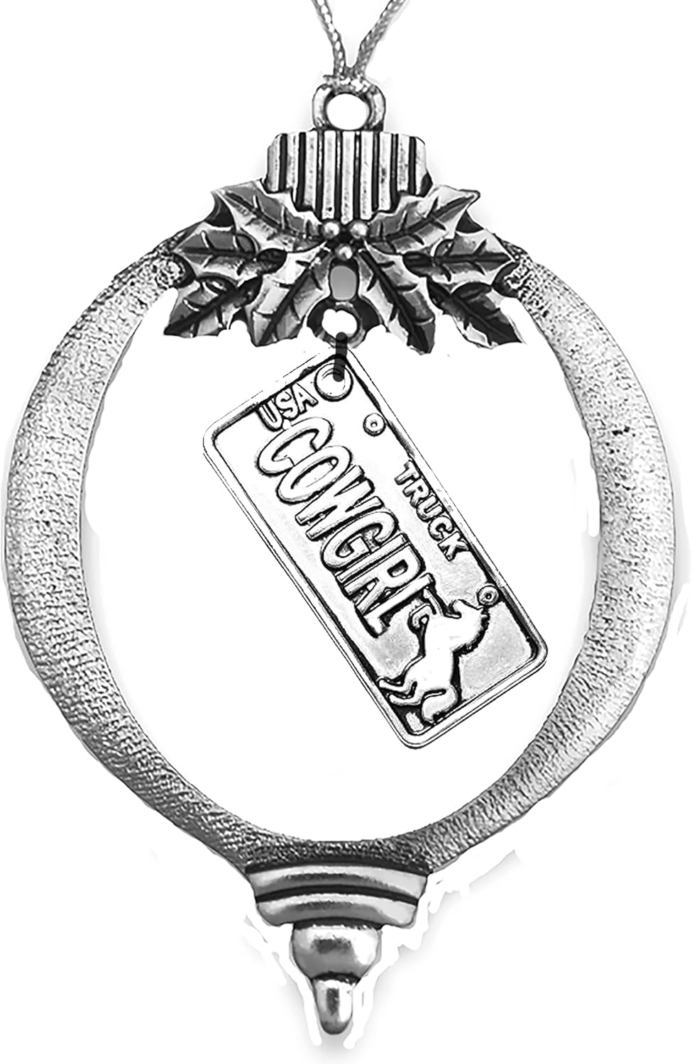 Cowgirl License Plate Christmas Ornament, Silvertone Finnish, with Tree Hanger, Western Cowgirl Ornament. What A Wonderful Gift for Yourself, Or Someone Special. Made in The USA by U.S. Veterans.©2024
