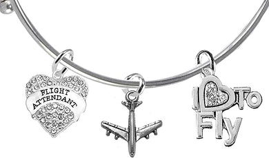 Airline, Flight Attendant, Jet Airplane, I Love To Fly, Hypoallergenic Adjustable Miracle Wire Charm Bracelet, Nickel, Lead, And Cadmium Free