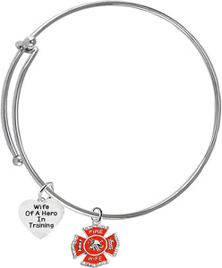 Firefighter, Wife Of A Hero In Training, Fire Department Charm, On A Adjustable Miracle Wire Bracelet, Hypoallergenic Safe-Nickel, Lead And Cadmium Free