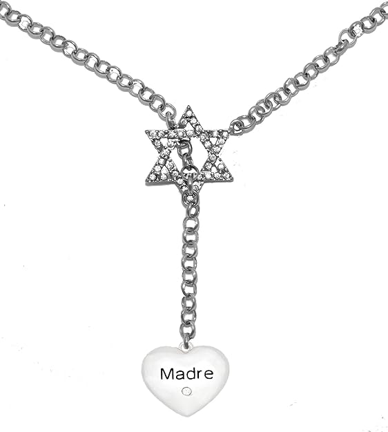 Jewish Madre Heart With Crystal Stone, Through A Crystal Star Of David, Rolo Chain Necklace Hypoallergenic, Safe-Nickel, Lead, And Cadmium Free