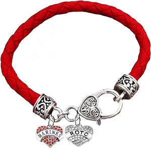 ROTC, Marine Crystal Heart, Genuine Marine Red Leather Bracelet, Hypoallergenic Safe-Nickel, Lead And Cadmium Free