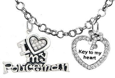Policeman's, I Love My Policeman, Key To My Heart, Adjustable Rolo Chain Necklace, Hypoallergenic, Safe-Nickel, Lead, Free