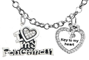 Policeman's, I Love My Policeman, Key To My Heart, Adjustable Rolo Chain Necklace, Hypoallergenic, Safe-Nickel, Lead, Free