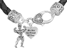 Weightlifters Front Double Bicep Pose, We Are So Proud Of You Heart, On A Black Woven Leather Bracelet, Hypoallergenic - Nickel, Lead, And Poisonous Cadmium Free