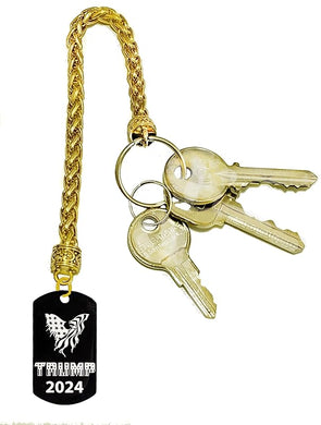 Trump, American Flag Eagle, Trump 2024, Black Dog Tag, Brand New Gold Wheat Chain Key Chain, What A Wonderful Gift For Yourself Or Someone Special. No Worry About What Size Someone Wears ©2024