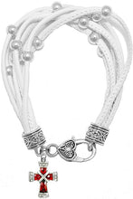 Red Genuine Crystal Cross, On A Genuine White Multi-Strand Leather Bracelet, Hypoallergenic, Safe-No Nickel, Lead, Or Poisonous Cadmium In Bracelet