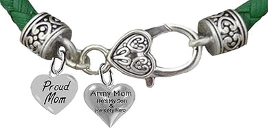 Army Mom, Proud Mom Heart, He's My Son And He's My Hero, Heart, On A Genuine Green Leather Bracelet, Hypoallergenic Safe, No Nickel, Lead, Or Poisonous Cadmium