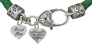 Army Mom, Proud Mom Heart, He's My Son And He's My Hero, Heart, On A Genuine Green Leather Bracelet, Hypoallergenic Safe, No Nickel, Lead, Or Poisonous Cadmium