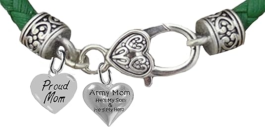 Army Mom, Proud Mom Heart, He's My Son And He's My Hero, Heart, On A Genuine Green Leather Bracelet, Hypoallergenic Safe, No Nickel, Lead, Or Poisonous Cadmium