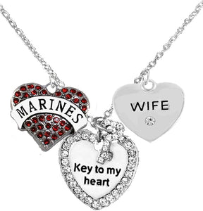 Marine Wife, “Key to My Heart, Crystal Wife Heart Charm Necklace, Hypoallergenic, Safe-Nickel, Lead, Free