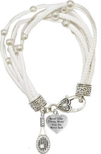 Tennis, Never Stop Trying, Never Give Up, Never Quit, Hypoallergenic White Leather Bracelet, Safe-Nickel, Lead, and Cadmium Free!