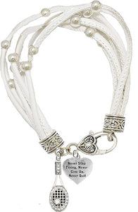Tennis, Never Stop Trying, Never Give Up, Never Quit, Hypoallergenic White Leather Bracelet, Safe-Nickel, Lead, and Cadmium Free!
