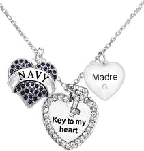 Navy Madre, Key to My Heart, Crystal Madre Heart Charm Necklace, Hypoallergenic, Safe-Nickel, Lead, Free