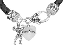 Weightlifters Front Double Biceps Pose, Super Hero Heart On A Black Woven Leather Bracelet, Hypoallergenic - Nickel, Lead, And Poisonous Cadmium Free