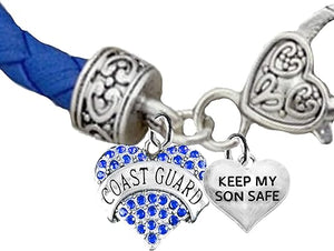Coast Guard, Keep My Son Safe Heart Charm Genuine Leather Bracelet, Hypoallergenic, Safe- Nickel, Lead, and Cadmium Free