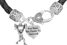 Weightlifters Barbell Lunge Pose, You Have The Power To Succeed Heart, On A Black Woven Leather Bracelet, Hypoallergenic - Nickel, Lead, And Poisonous Cadmium Free