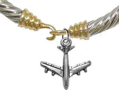 Jet Airplane, Hypoallergenic Genuine Cable Two Tone Silvertone/Goldtone Charm Bracelet, Nickel, Lead, and Cadmium Free
