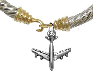 Jet Airplane, Hypoallergenic Genuine Cable Two Tone Silvertone/Goldtone Charm Bracelet, Nickel, Lead, and Cadmium Free